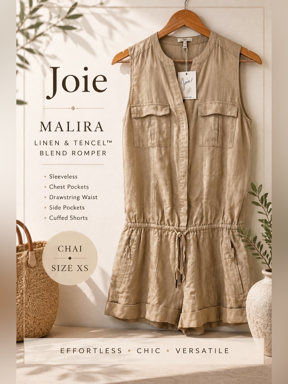 Joie Malira Linen Tencel Blend Sleeveless Utility Romper Chai XS